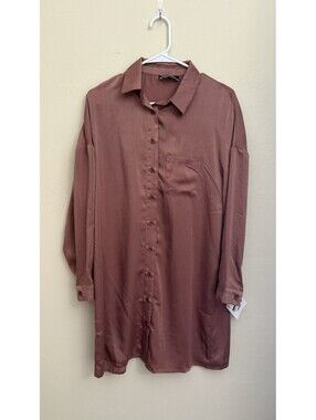 Blue Blush Satin Button Up Shirt Dress Womens S Mauve